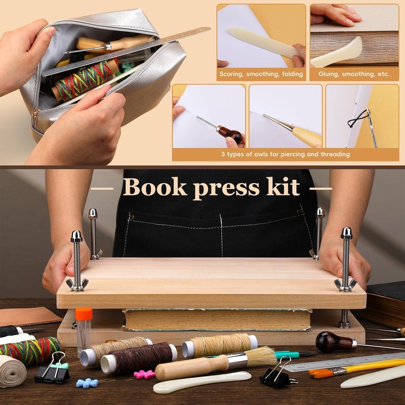 JUPEAN 45 Pcs Book Binding Kits, Bookbinding Kit Large Book Press 14.76”x11.42” with Books Binding Materials Bone Folder Tool Bind Cloth Webbing Strap and Storage Bag for Repair - Image 5